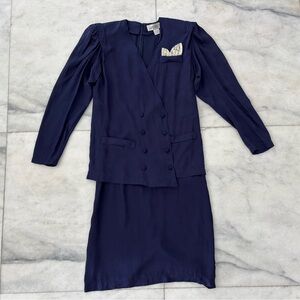 Vintage Argenti Dress Blue Silk Satin Long Sleeve Knee Jacket Womens 8 Formal